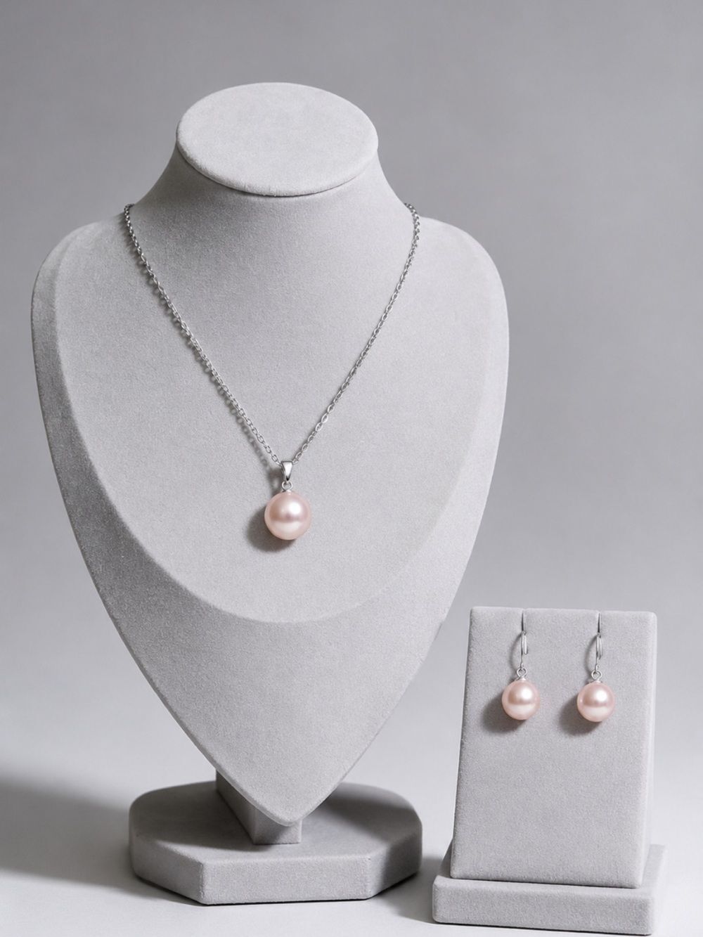 Pink Pearl Jewelry Set 12MM 18” Pendant Necklace + 10MM Drop Pearl Earrings Lux